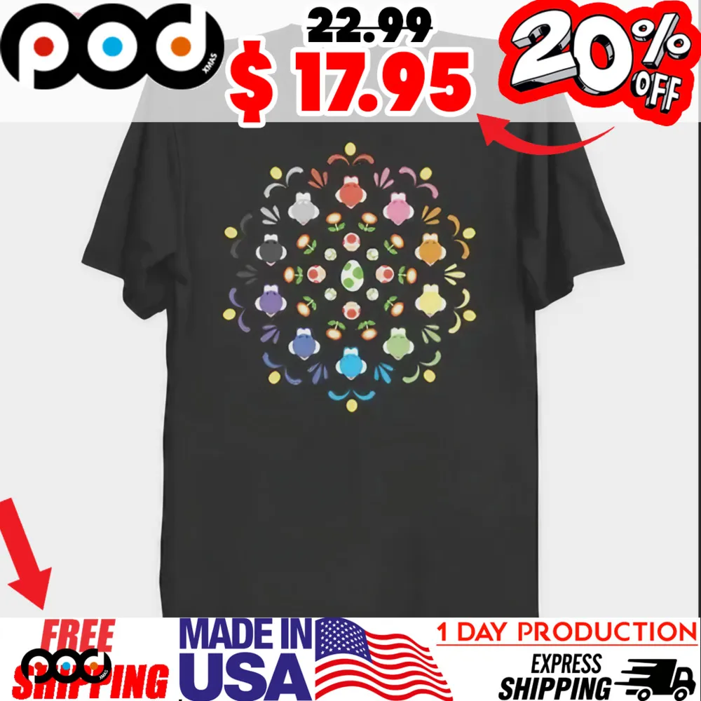 Yoshi Prism eggs, mushrooms, flowers, bugs shirt