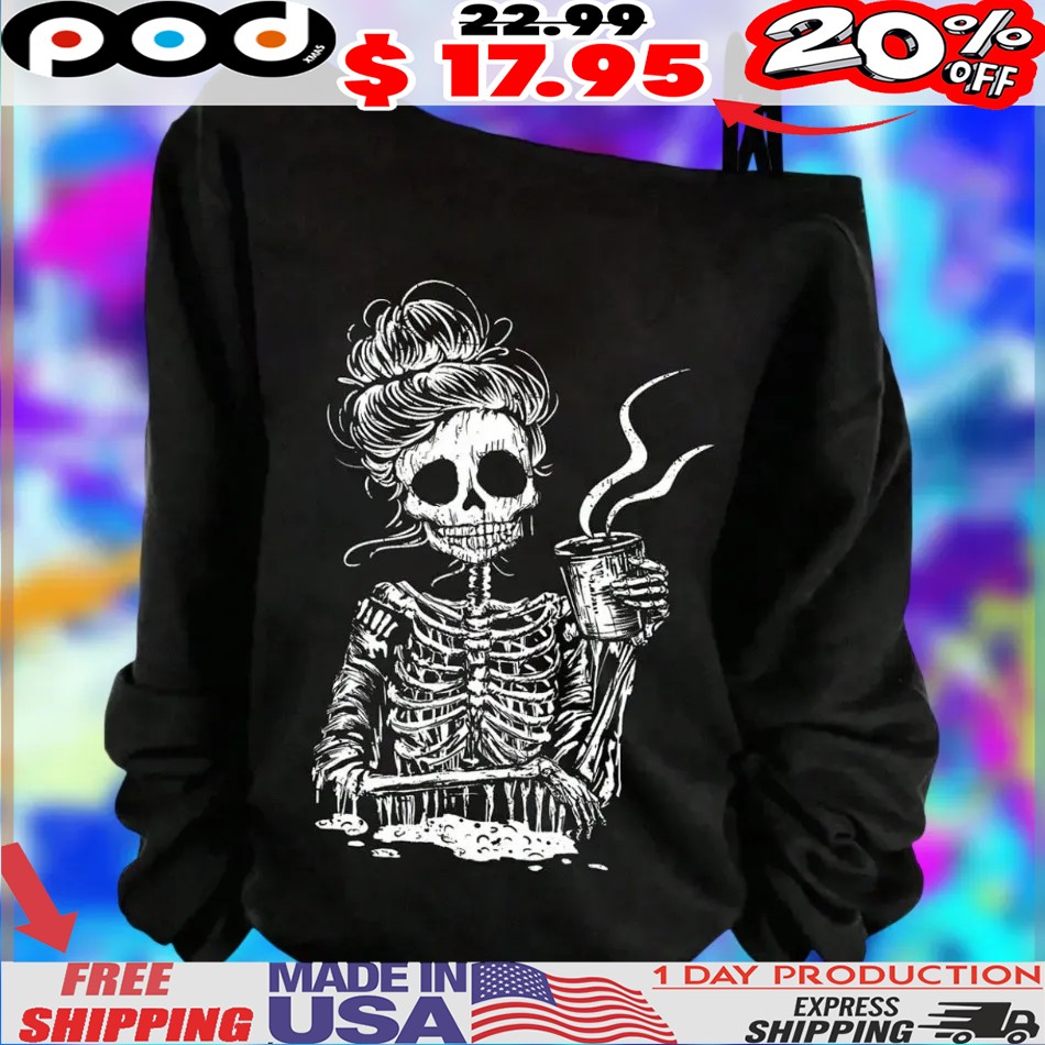 Drinking Coffee Pattern Women's Oblique Shoulder Cross-Strap Decor Cuff Tight Casual Shirt