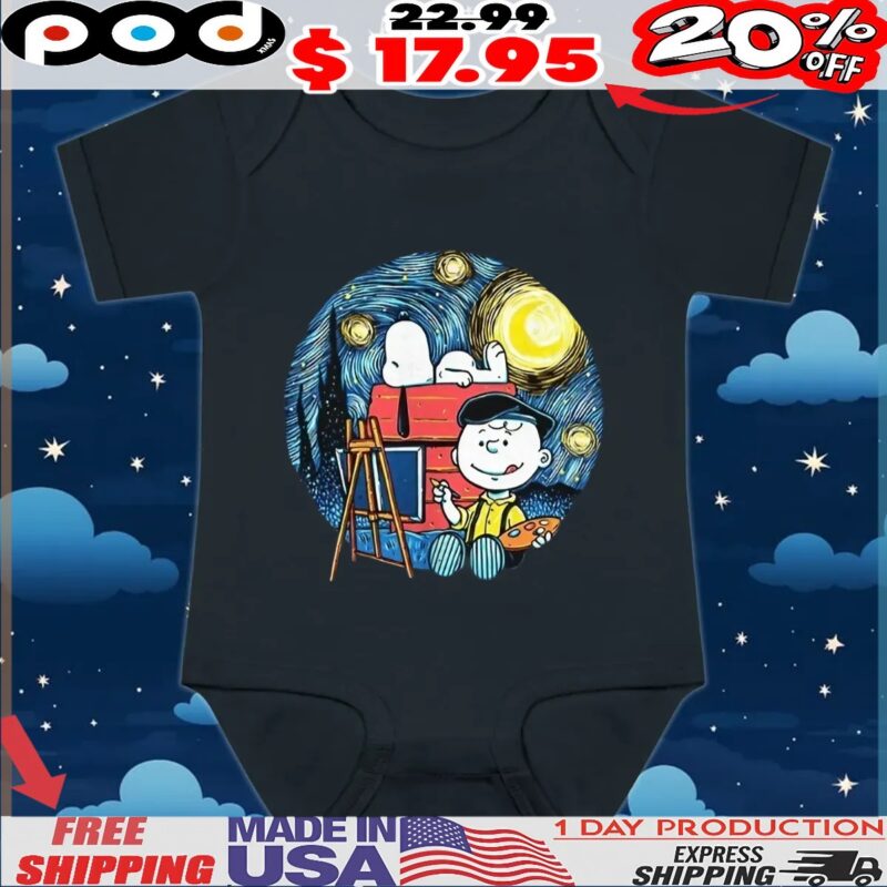 Charlie Brown Vincent Van Gogh painting a starry night with Snoopy painting the night shirt Charlie Brown Vincent Van Gogh painting a starry night with Snoopy painting the night shirt