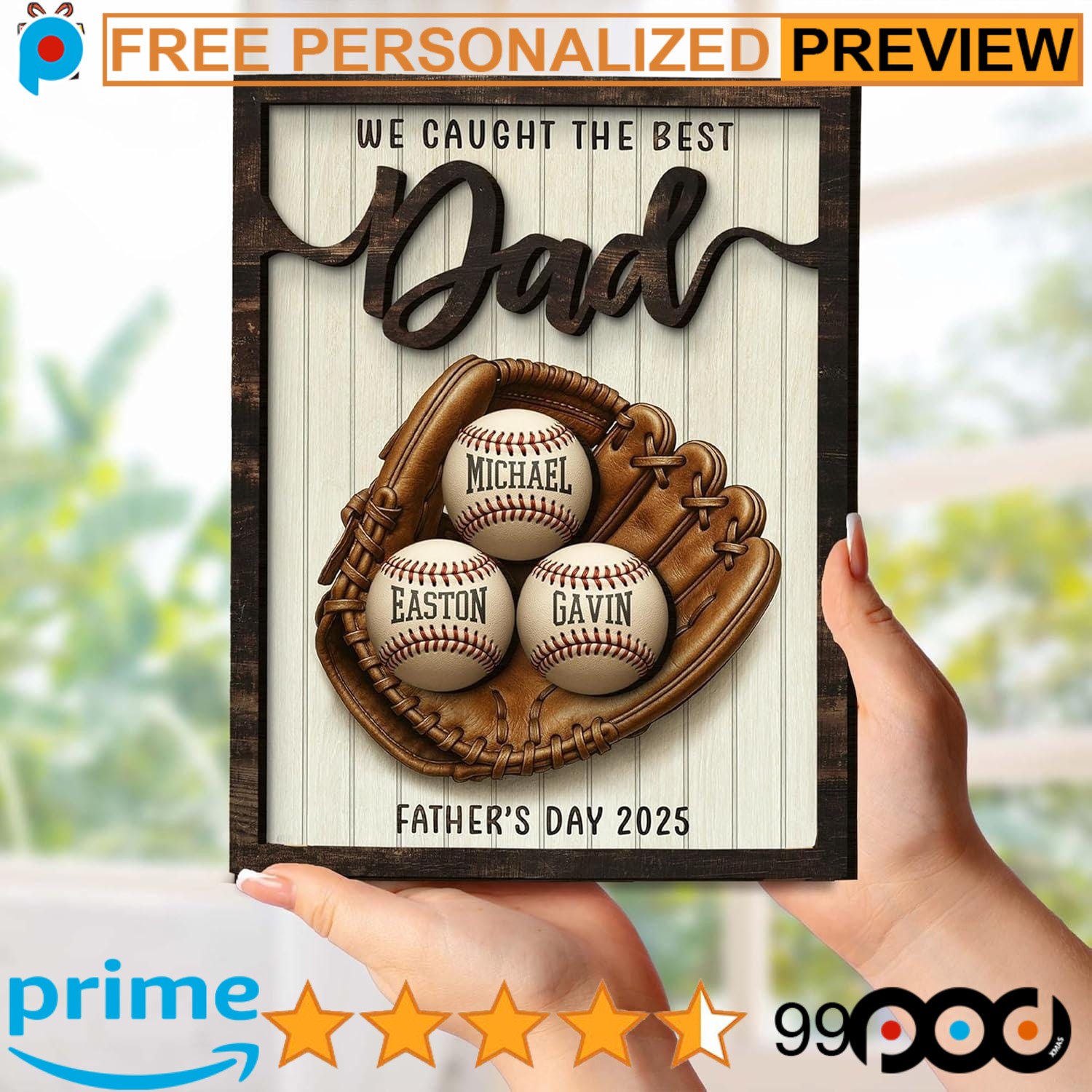 Baseball We Caught The Best Dad Custom Kid's Name Father's Day 2-Layered Wooden Plaque With Stand Baseball We Caught The Best Dad Custom Kid's Name Father's Day 2-Layered Wooden Plaque With Stand