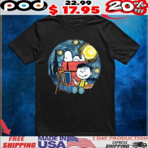 Charlie Brown Vincent Van Gogh painting a starry night with Snoopy painting the night shirt