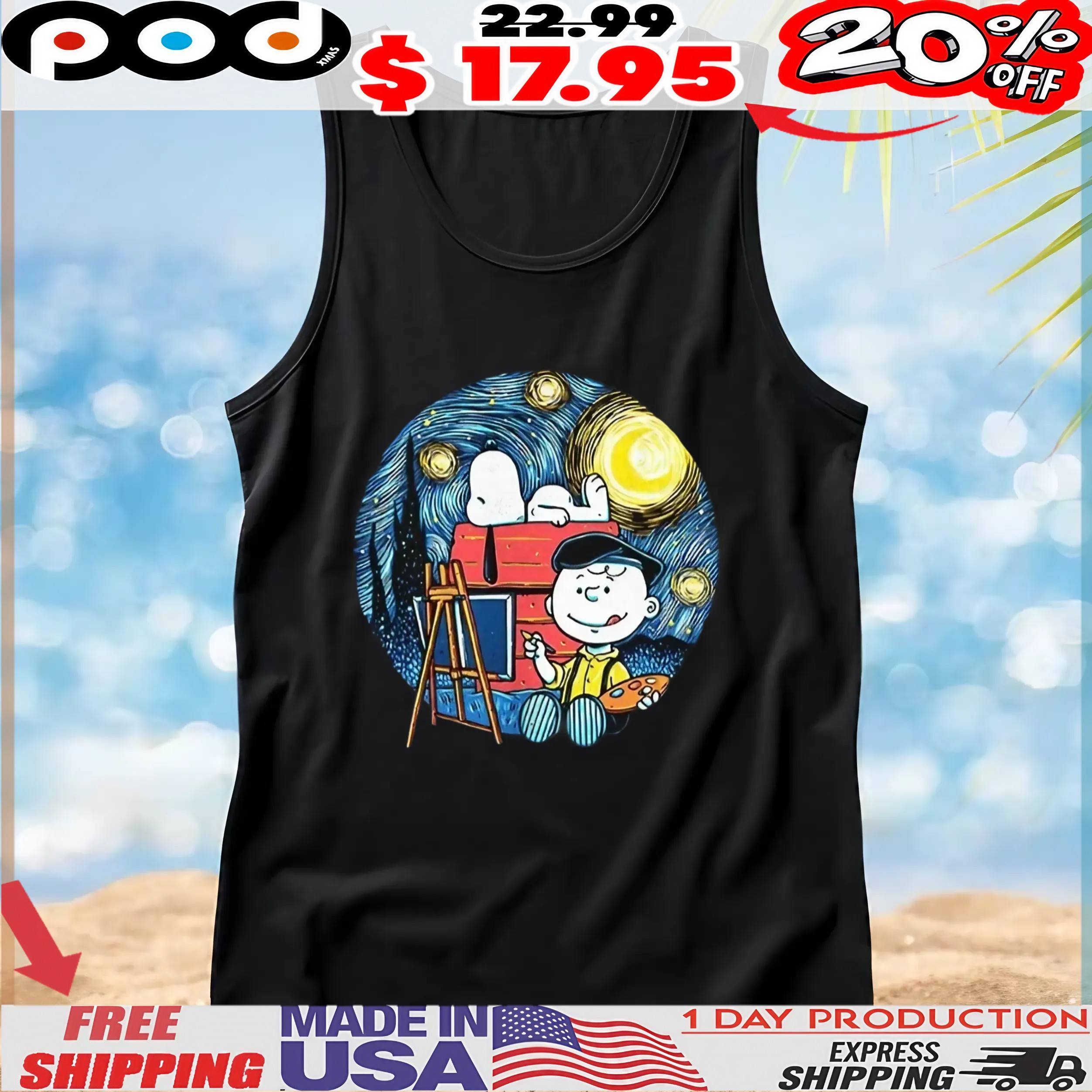 Charlie Brown Vincent Van Gogh painting a starry night with Snoopy painting the night shirt