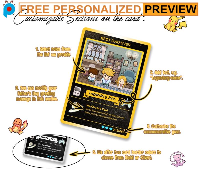 Custom Pokemon Pixel Gamer Best Dad Ever Father's Day Card Custom Pokemon Pixel Gamer Best Dad Ever Father's Day Card