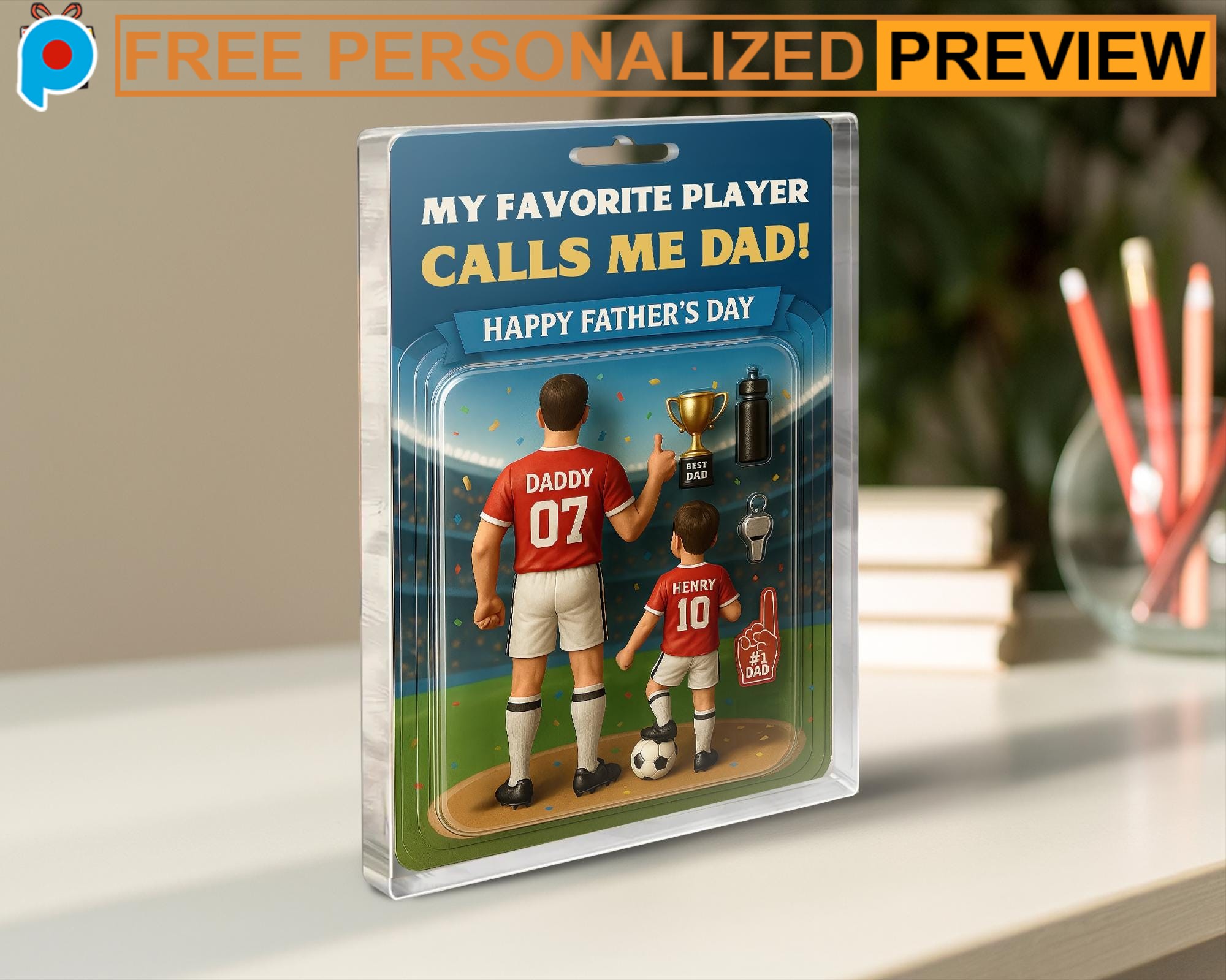 Custom Soccer My Favorite Player Calls Me Dad Happy Father's Day Dad And Kids Acrylic Block Plaque
