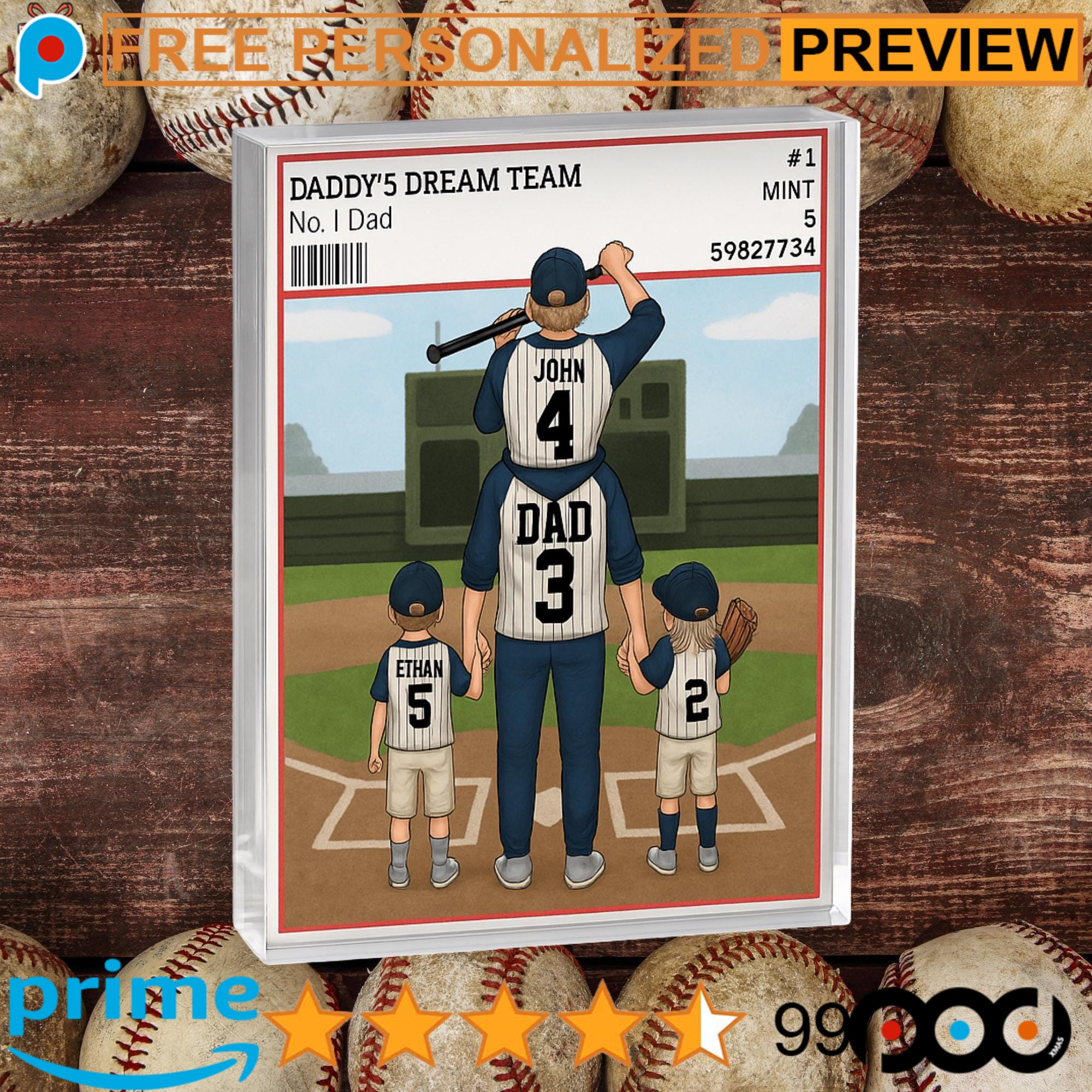 Daddy's Dream Team No 1 Dad Baseball Coach And Kids Father’s Day Gift Personalized Acrylic Block Plaque