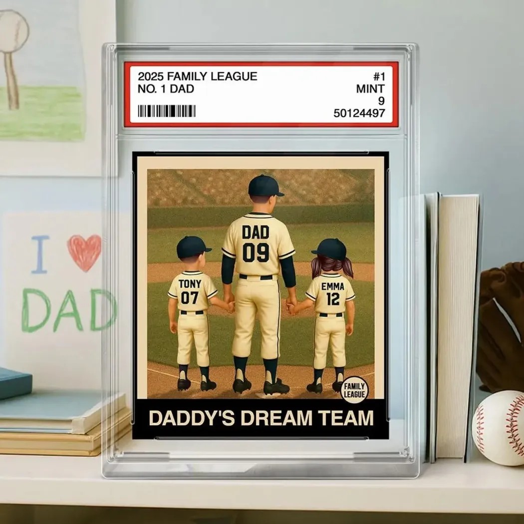 Father's Day Gift Baseball No 1 Dad Grandpa Man & Kids Trading Card Style Personalized Acrylic Block Plaque
