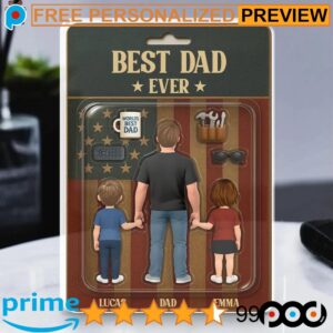 Free Personalized Father's Day Best Dad Ever Photo Dad And Kids Action Figure Acrylic Block Plaque