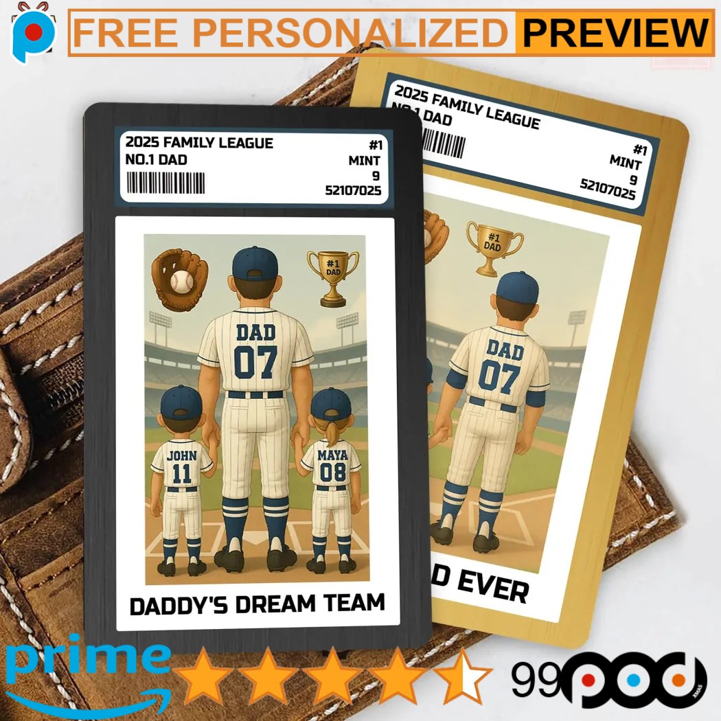 No 1 Dad and Kids Baseball Father's Day Gift For Dad Trading Card 2D Style Personalized Baseball Dad Wallet Card