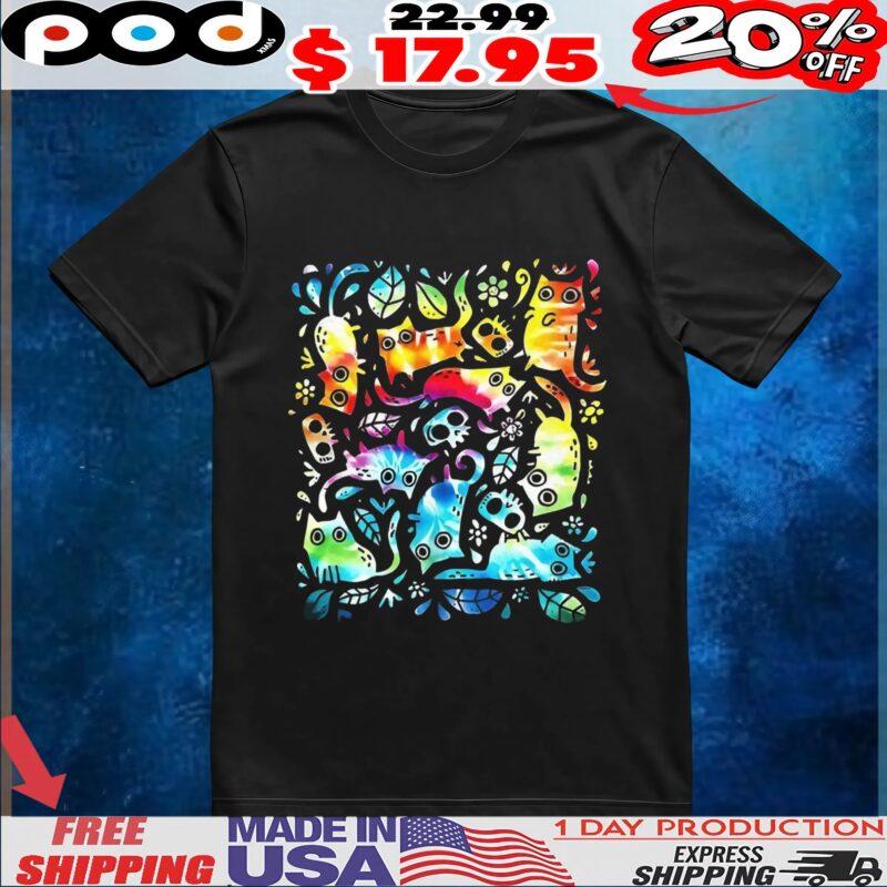 Colorful cats and skulls nine lives shirt