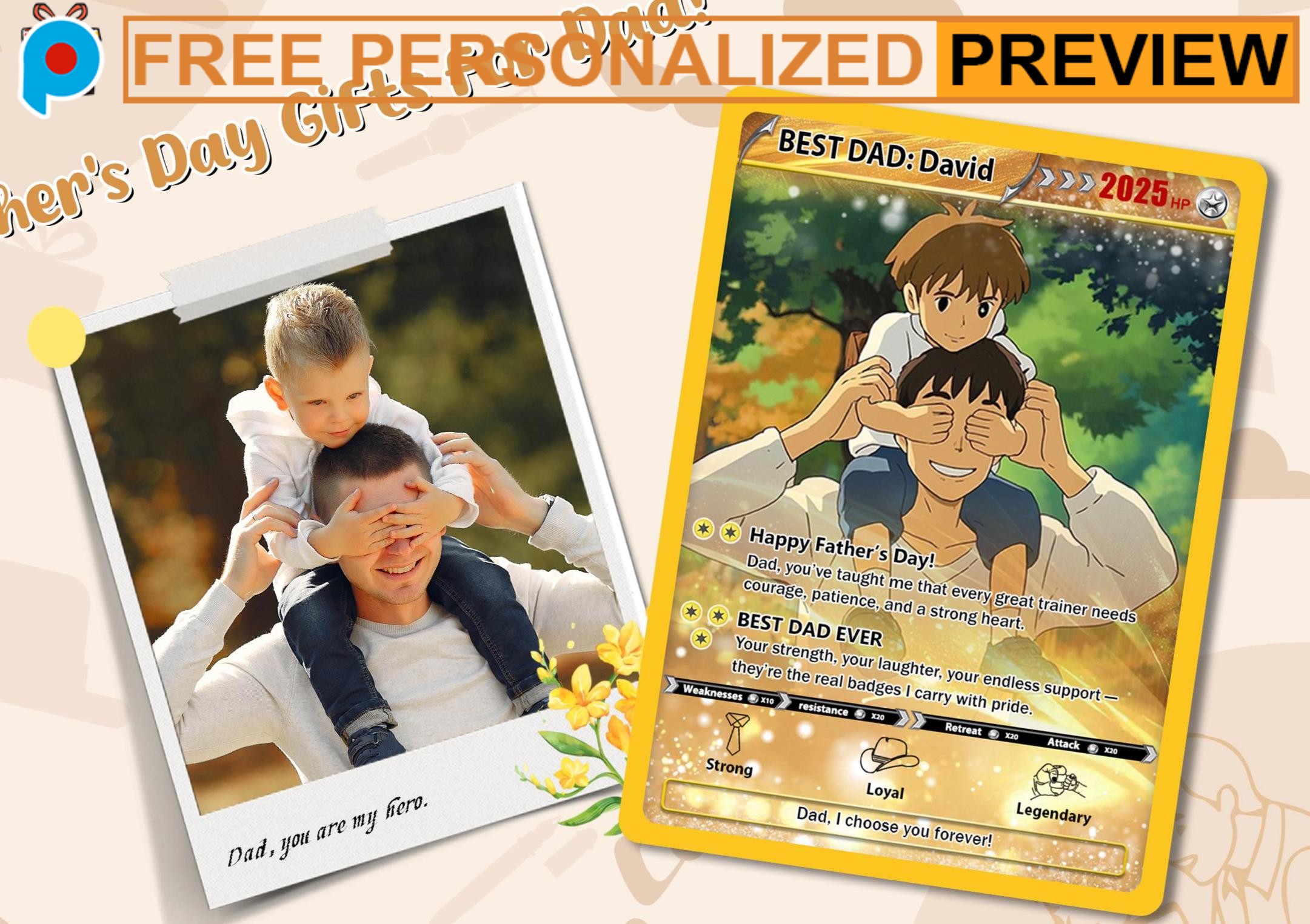 Personalized Anime Photo Gamer Dad Gift Free Custom Father's Day Pokémon Inspired Keepsake Card Personalized Anime Photo Gamer Dad Gift Free Custom Father's Day Pokémon Inspired Keepsake Card