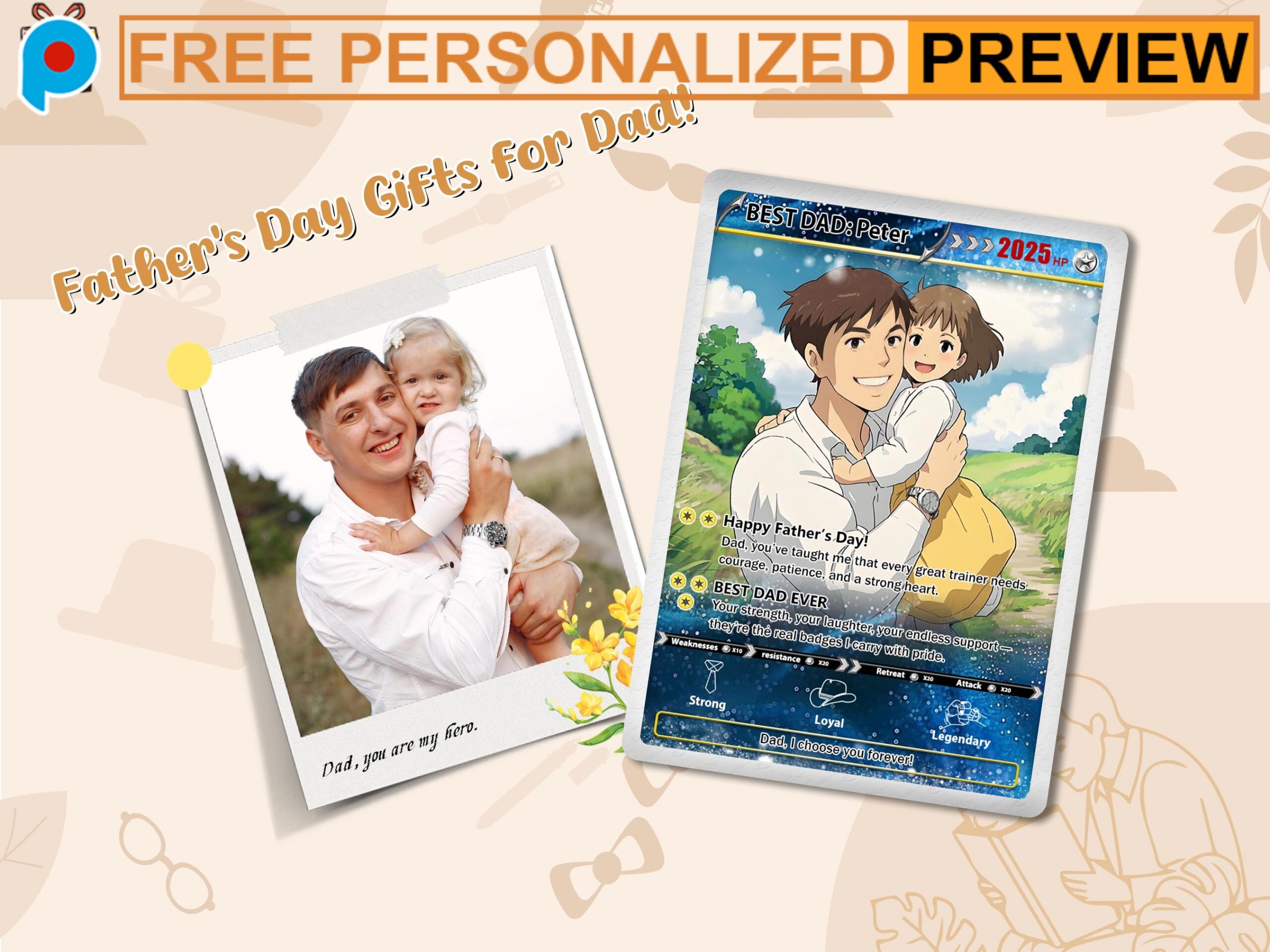 Personalized Anime Photo Gamer Dad Gift Free Custom Father's Day Pokémon Inspired Keepsake Card
