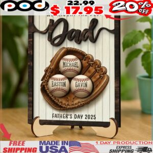 Personalized We Caught The Best Dad Custom Kid's Name Baseball Sign Father's Day Gifts 2-Layered Wooden