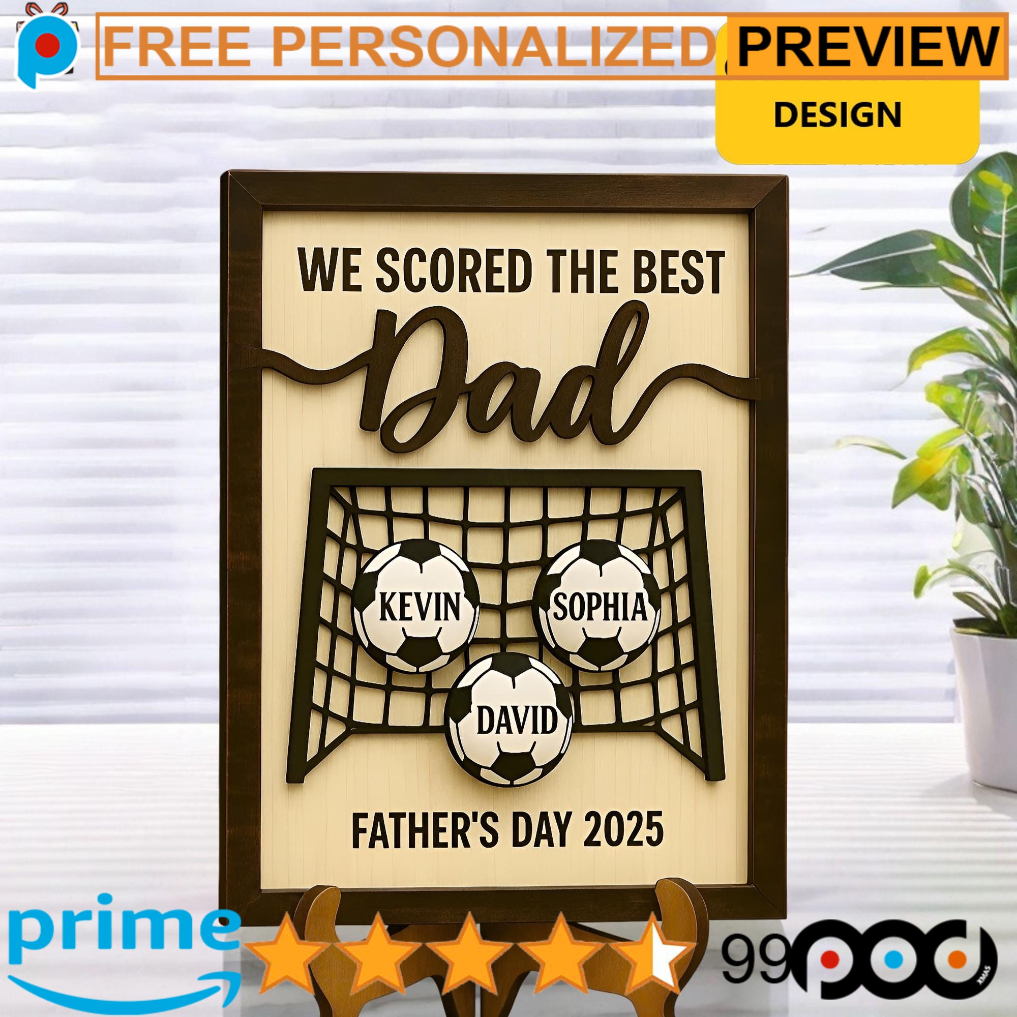 Personalized We Score The Best Dad Football Soccer Custom Kid's Name Father's Day 2-layer Wooden Sign With Stand