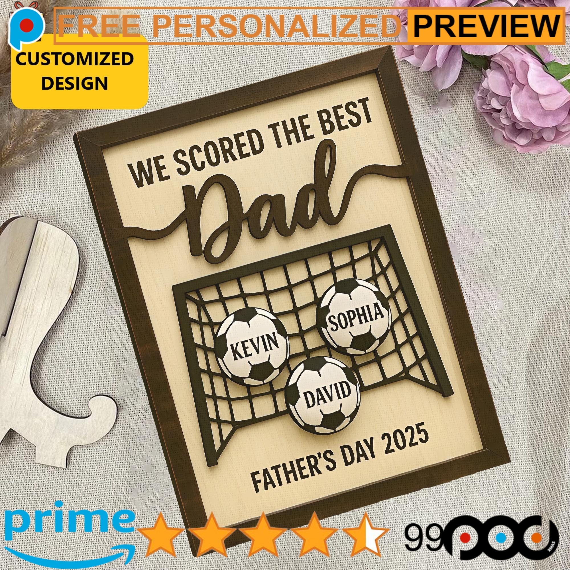 Personalized We Score The Best Dad Football Soccer Custom Kid's Name Father's Day 2-layer Wooden Sign With Stand