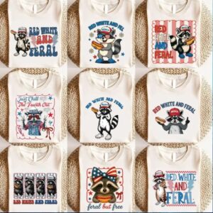 Red White And Feral Raccoon Hot Dog Independence Day USA Funny Collection T Shirt