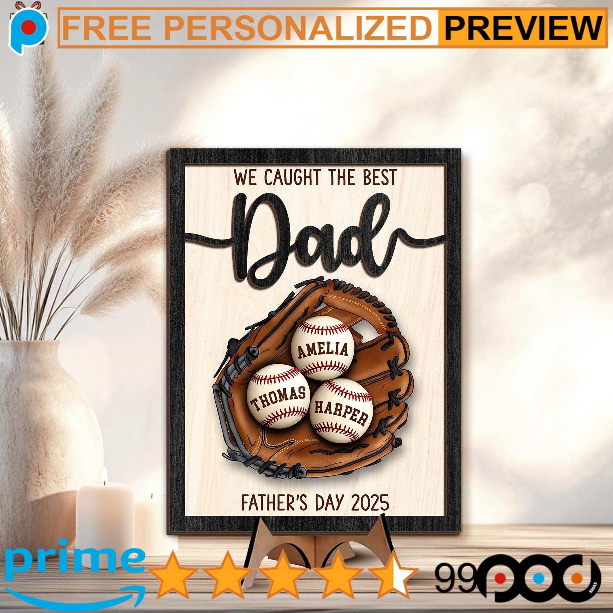 We Caught The Best Dad Custom Kid's Name Baseball Sign Father's Day Gifts 2-Layered Wooden Plaque With Stand We Caught The Best Dad Custom Kid's Name Baseball Sign Father's Day Gifts 2-Layered Wooden Plaque With Stand