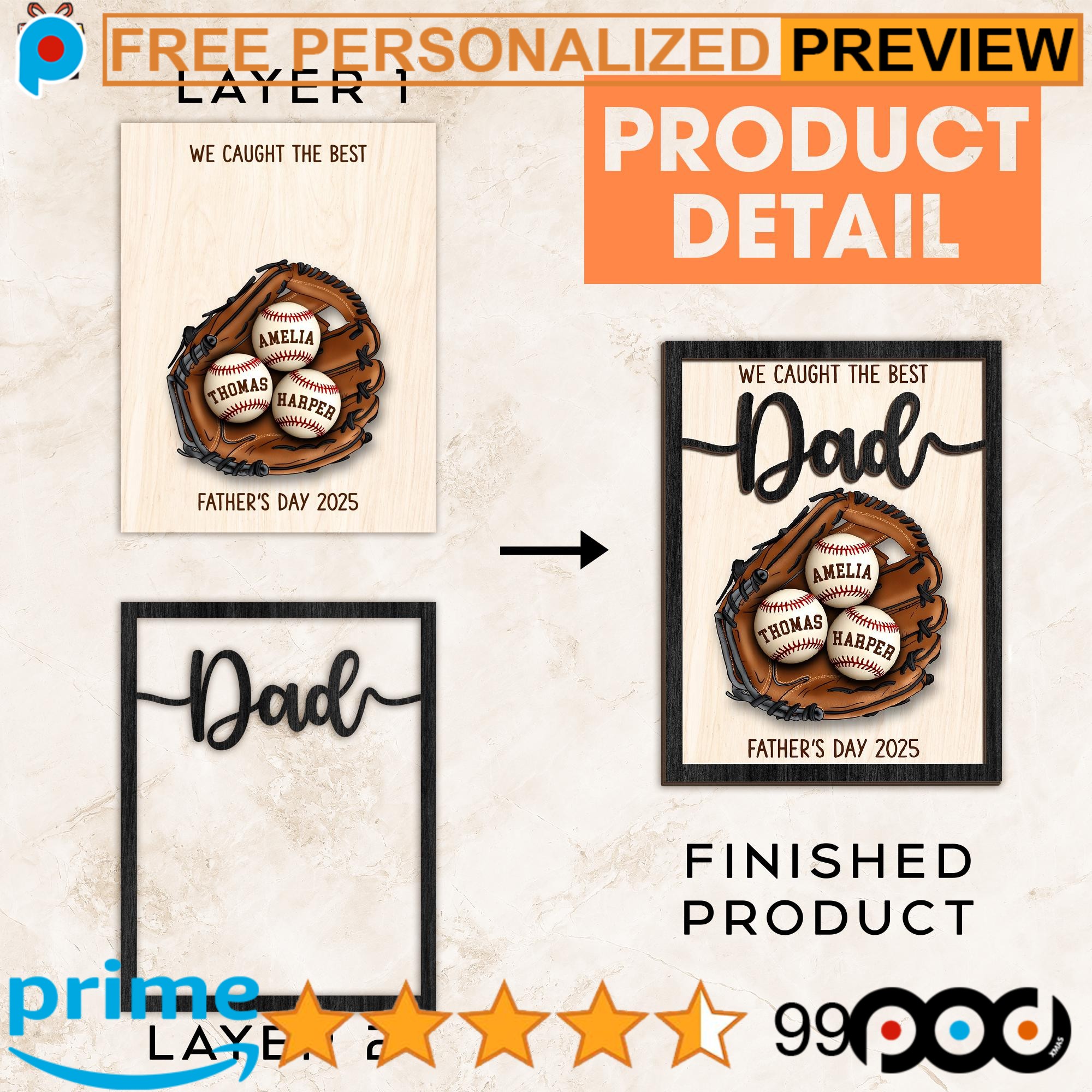 We Caught The Best Dad Custom Kid's Name Baseball Sign Father's Day Gifts 2-Layered Wooden Plaque With Stand