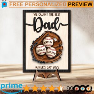 We Caught The Best Dad Custom Kid's Name Baseball Sign Father's Day Gifts 2-Layered Wooden Plaque With Stand