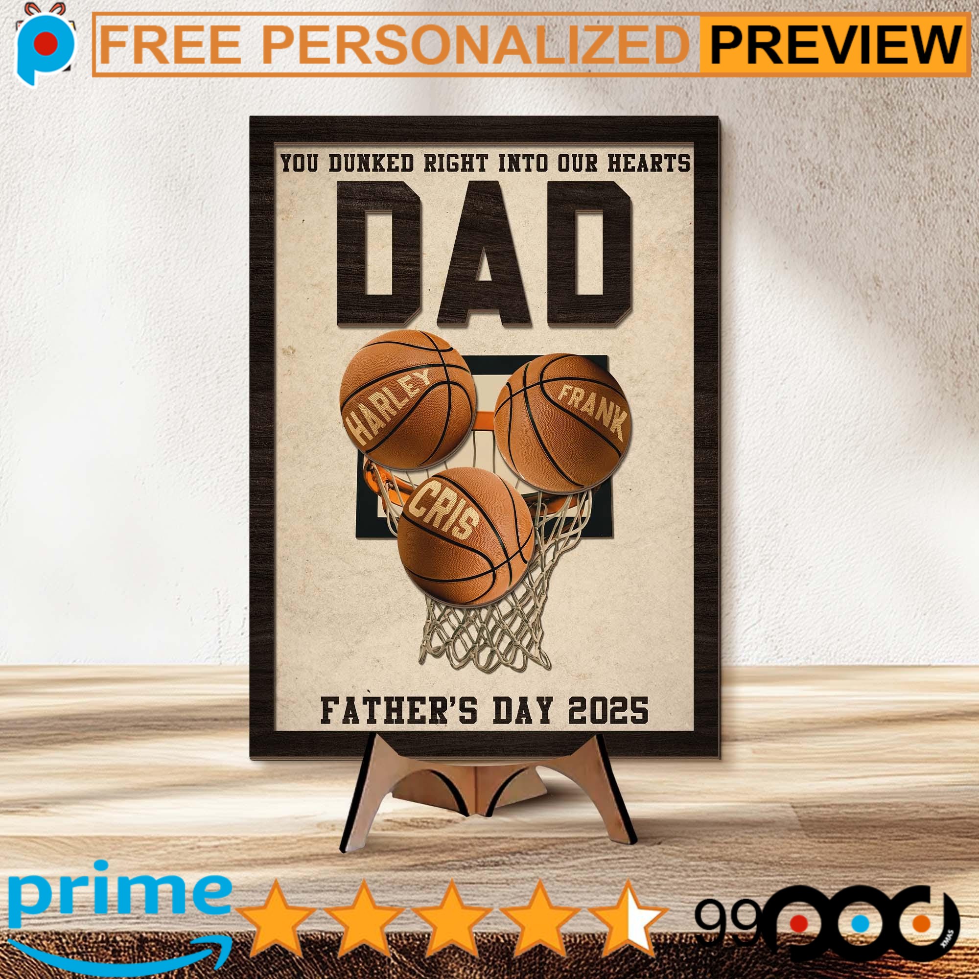 You Dunked Right Into Our Heart Basketball Dad Personalized Name Father's Day 2-Layered Wooden Plaque With Stand You Dunked Right Into Our Heart Basketball Dad Personalized Name Father's Day 2-Layered Wooden Plaque With Stand