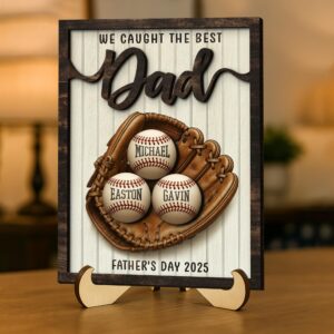 Personalized We Caught The Best Dad Custom Kid's Name Baseball Sign Father's Day Gifts 2-Layered Wooden