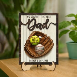 Personalized We Caught The Best Dad Custom Kid's Name Baseball Sign Father's Day Gifts 2-Layered Wooden