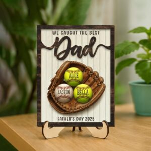 Personalized We Caught The Best Dad Custom Kid's Name Baseball Sign Father's Day Gifts 2-Layered Wooden