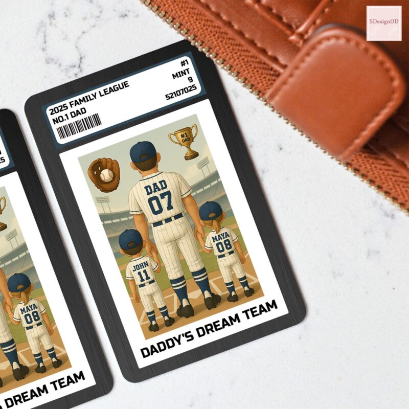 No 1 Dad and Kids Baseball Father's Day Gift For Dad Trading Card 2D Style Personalized Baseball Dad Wallet Card