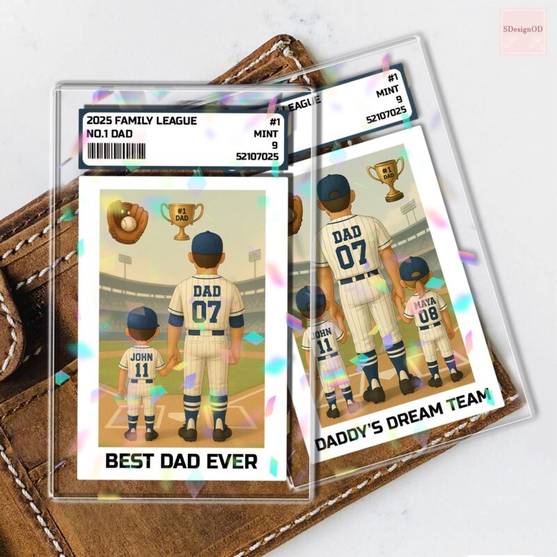 No 1 Dad and Kids Baseball Father's Day Gift For Dad Trading Card 2D Style Personalized Baseball Dad Wallet Card