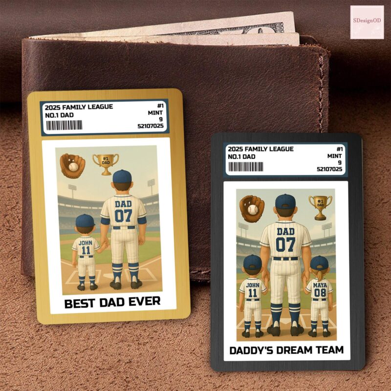 No 1 Dad and Kids Baseball Father's Day Gift For Dad Trading Card 2D Style Personalized Baseball Dad Wallet Card