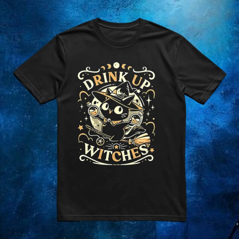 Cat drink up a witches t shirt