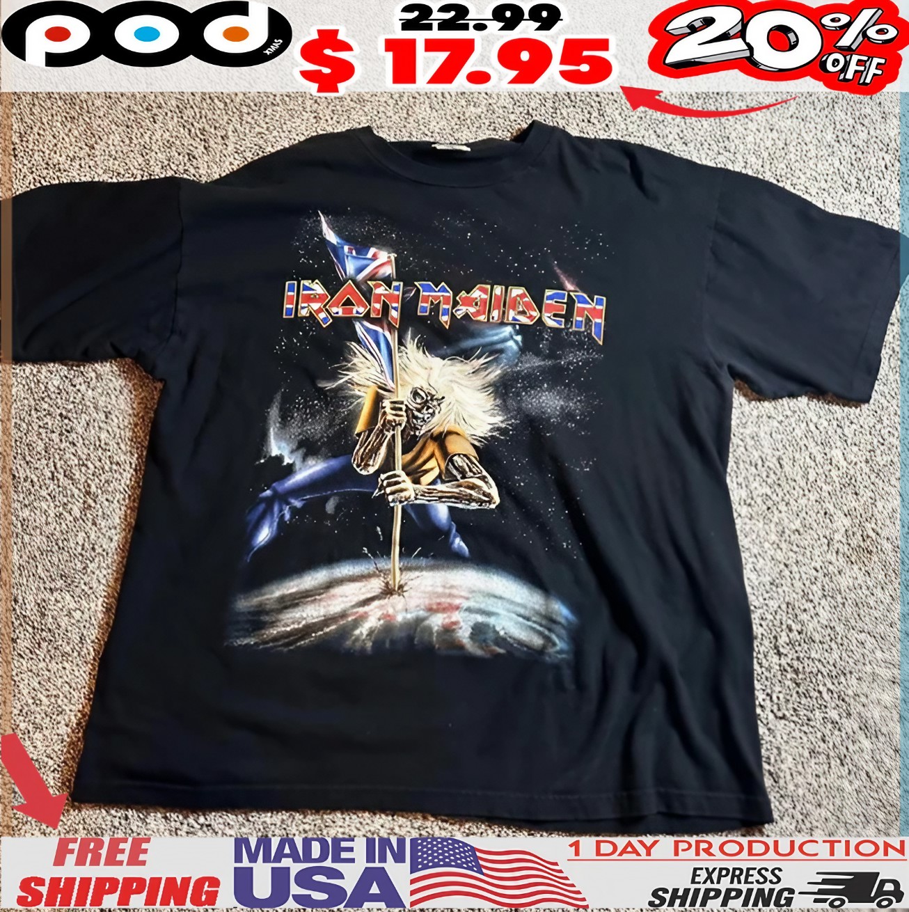 1998 Iron Miden United Kingdom Rock And Roll Flag T Shirt