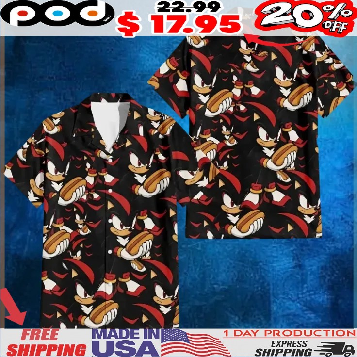 Shadow The Hedgehog Hot Dog Hawaiian Button Up Shirt Shadow The Hedgehog Hot Dog Hawaiian Button Up Shirt