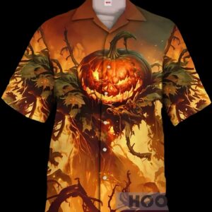 Eye-Catching Halloween Flaming Pumpkin Monster Hawaiian T Shirt