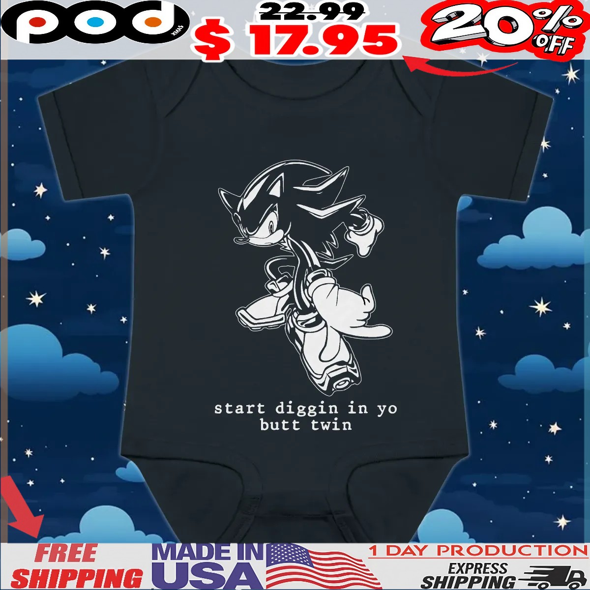 Shadow Sonic the Hedgehog start diggin in yo butt twin t shirt