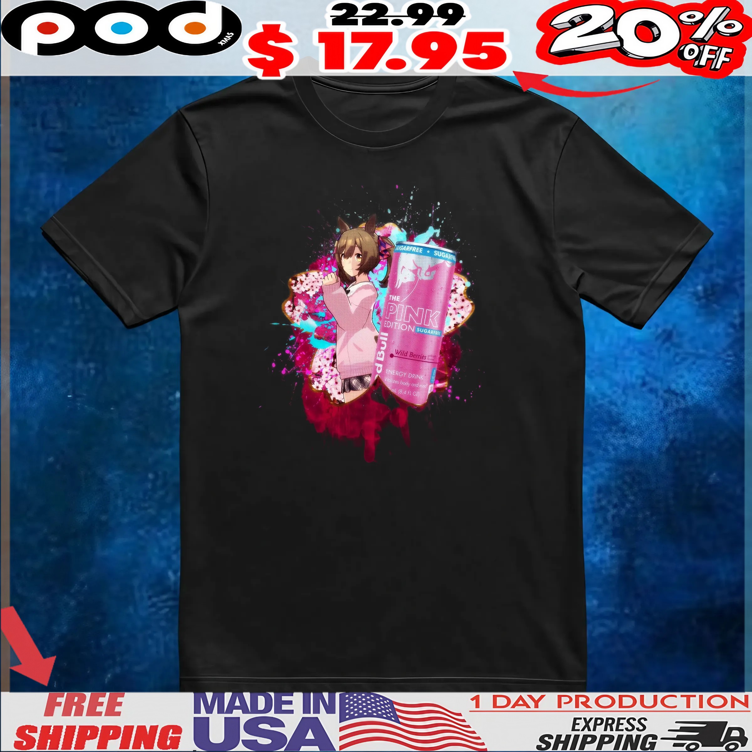 Uma Musume Pretty Derby Red Bull Pink Edition Sugar Free Forest Fruits T Shirt Uma Musume Pretty Derby Red Bull Pink Edition Sugar Free Forest Fruits T Shirt