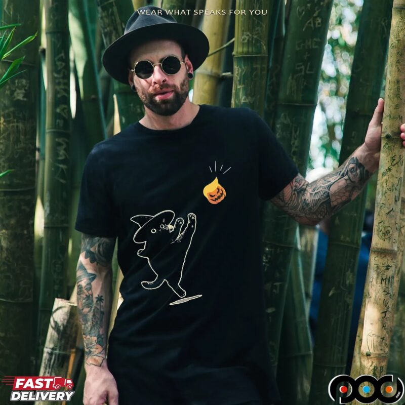 Black Cat Witch With Trump Pumpkin Halloween Spooky Season T Shirt