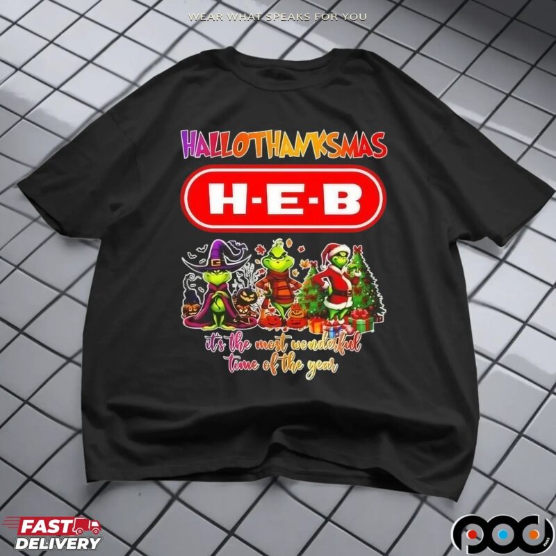 Grinch X H-E-B Grocery Hallothanksmas It's The Most Wonderful Time Of The Year Happy Halloween Christmas Mashup T Shirt