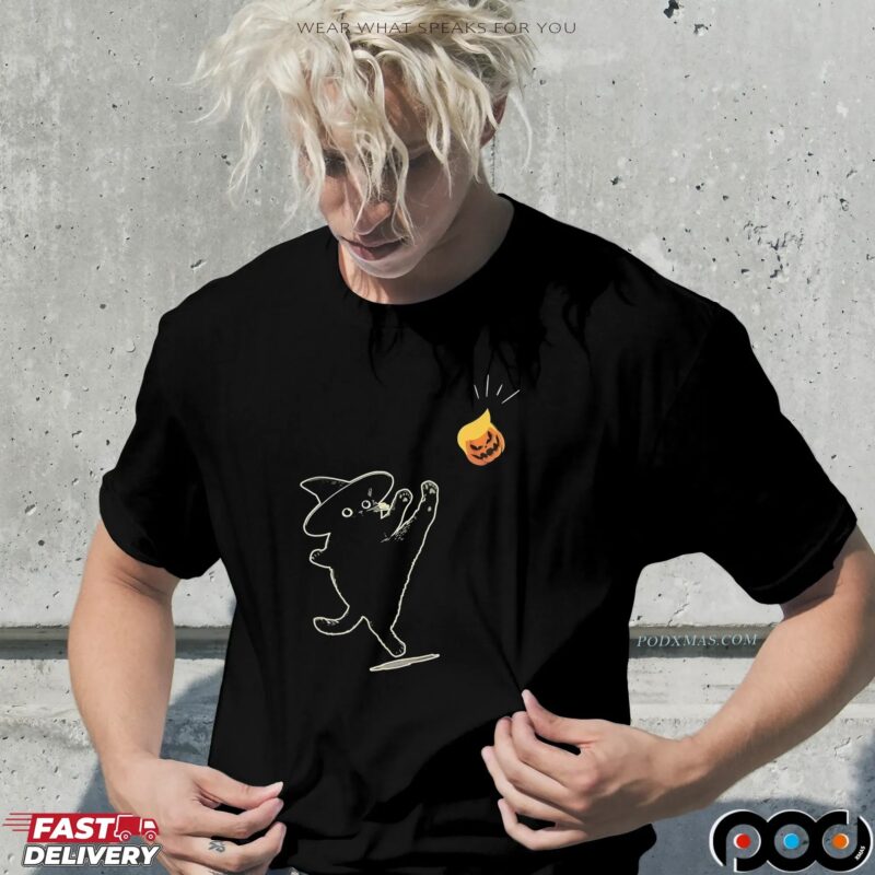 Black Cat Witch With Trump Pumpkin Halloween Spooky Season T Shirt