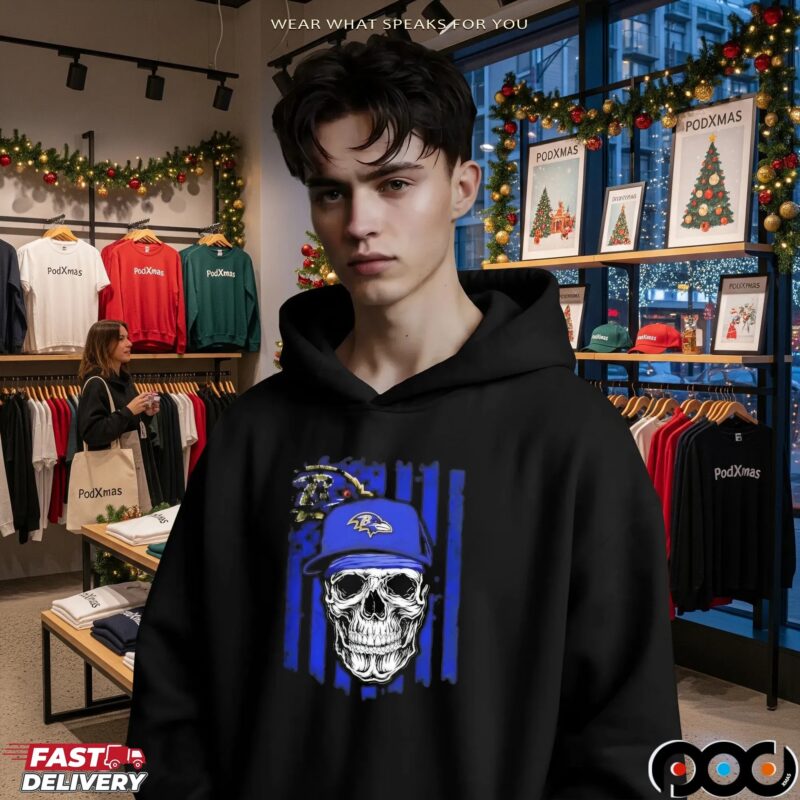 Baltimore Ravens Football Skull US Flag Graphic T Shirt