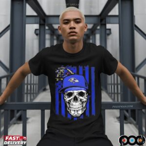 Baltimore Ravens Football Skull US Flag Graphic T Shirt