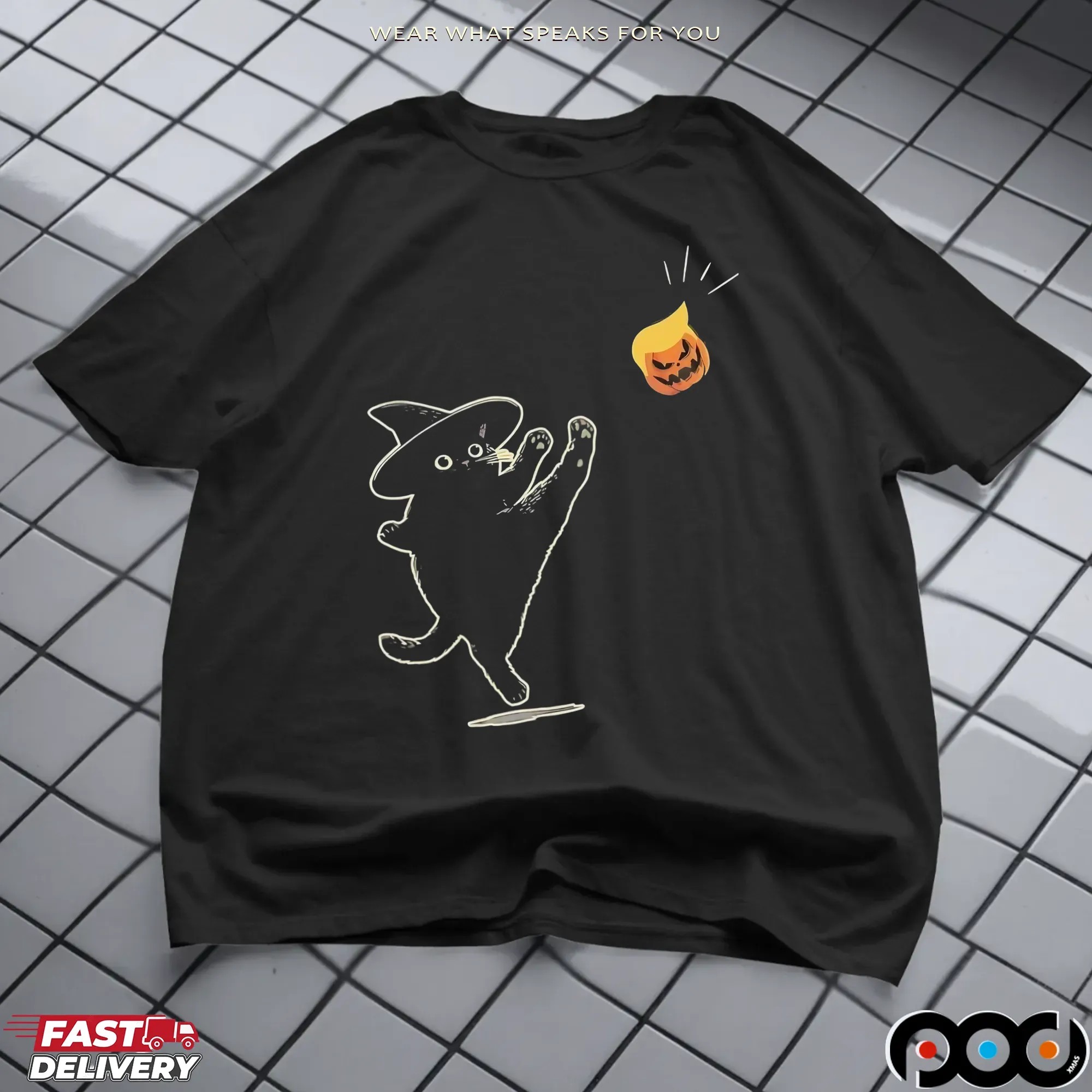 Black Cat Witch With Trump Pumpkin Halloween Spooky Season T Shirt