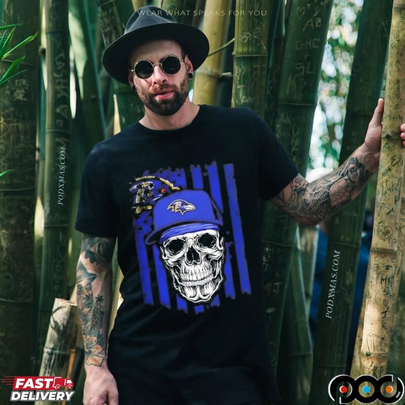 Baltimore Ravens Football Skull US Flag Graphic T Shirt