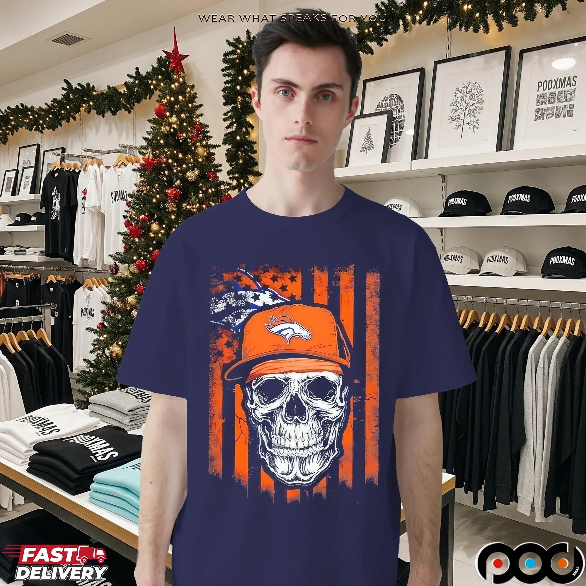Denver Broncos Football Skull Flag T Shirt