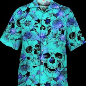Eye-Catching Purple Psychedelic Flowers And Stacked Skulls Printing Cuban Collar Hawaiian