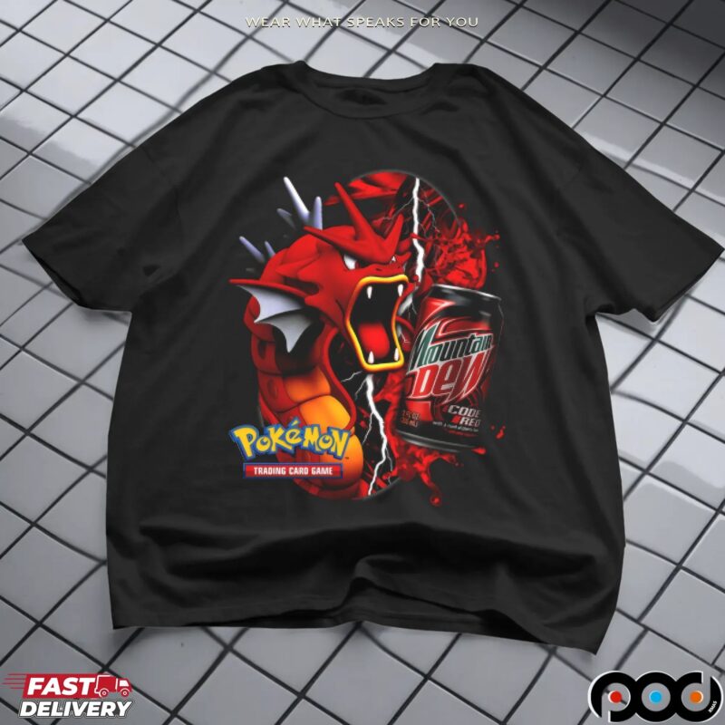Red Gyarados Pokémon Mountain Dew Retro Code Red Soda and Trading Card Game Mashup T Shirt