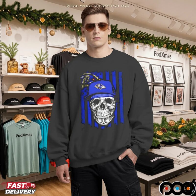 Baltimore Ravens Football Skull US Flag Graphic T Shirt