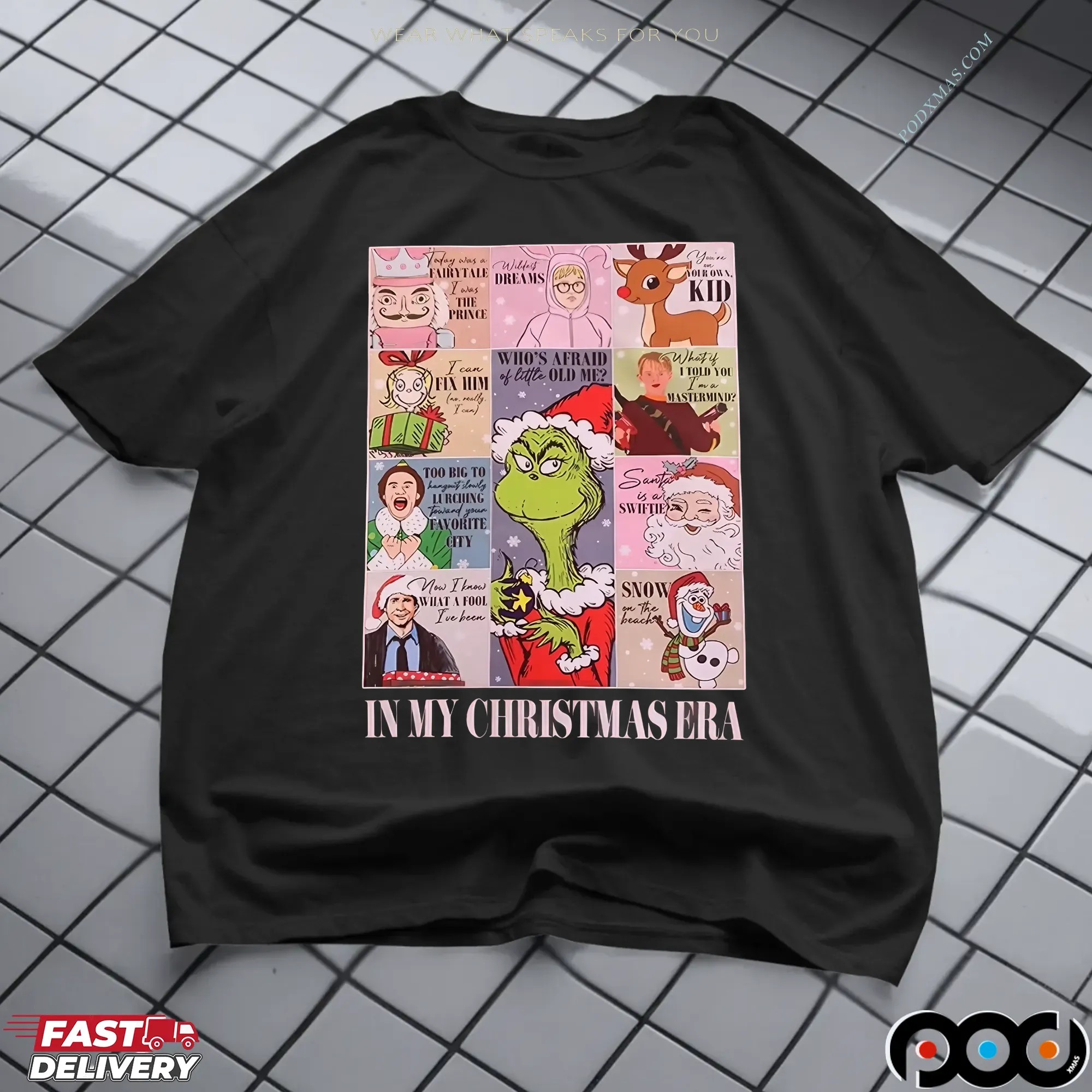 In My Christmas Era Holiday with Grinch, Rudolph, Olaf and Santa Graphic Parody T Shirt