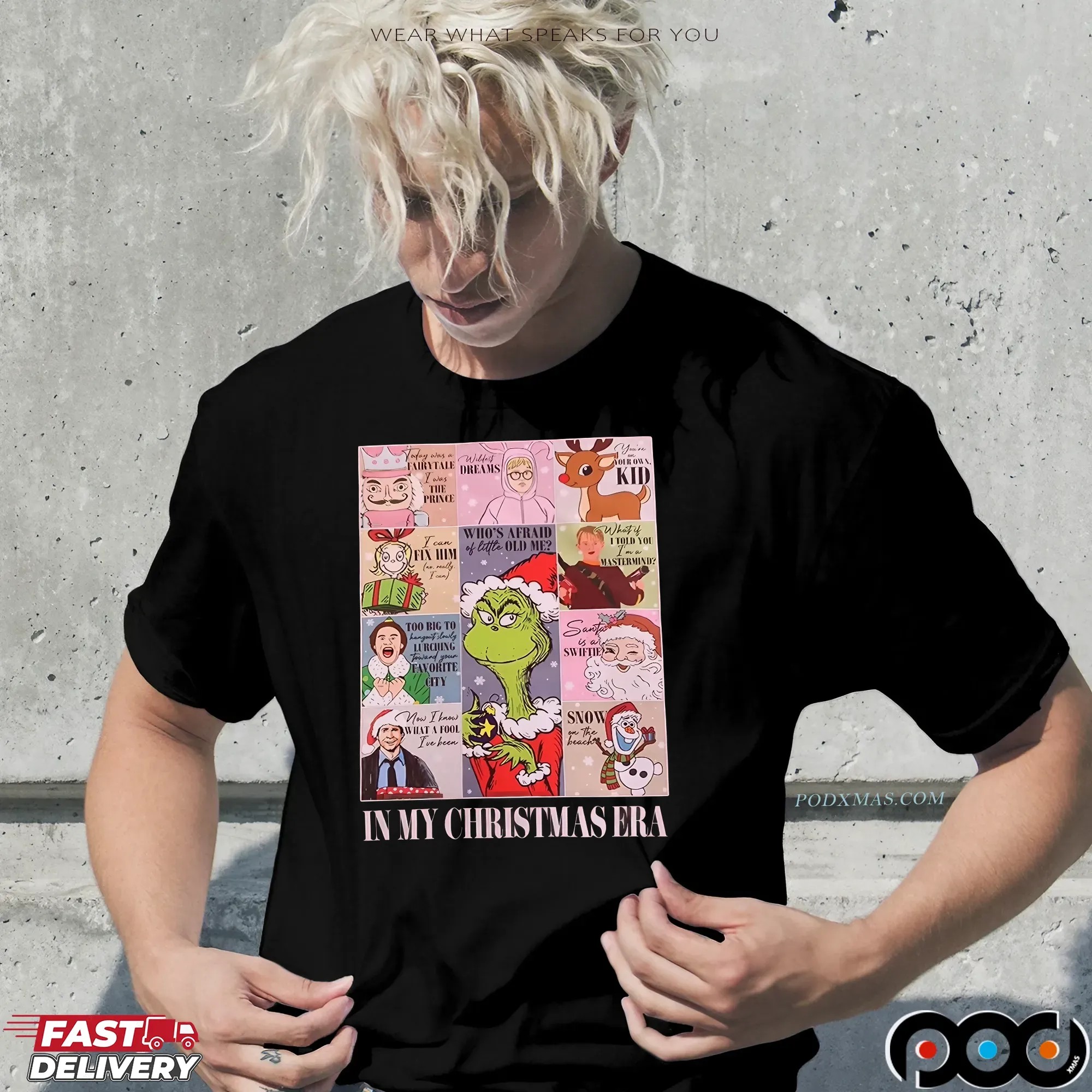 In My Christmas Era Holiday with Grinch, Rudolph, Olaf and Santa Graphic Parody T Shirt