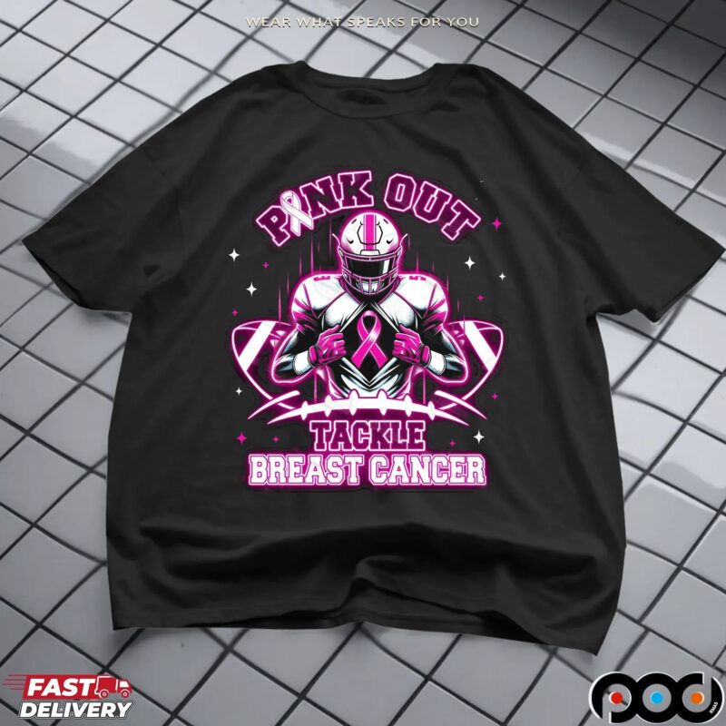 Neon Pink Out Tackle Breast Cancer Football Pink Ribbon Awareness T Shirt