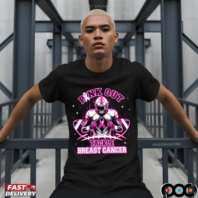 Neon Pink Out Tackle Breast Cancer Football Pink Ribbon Awareness T Shirt